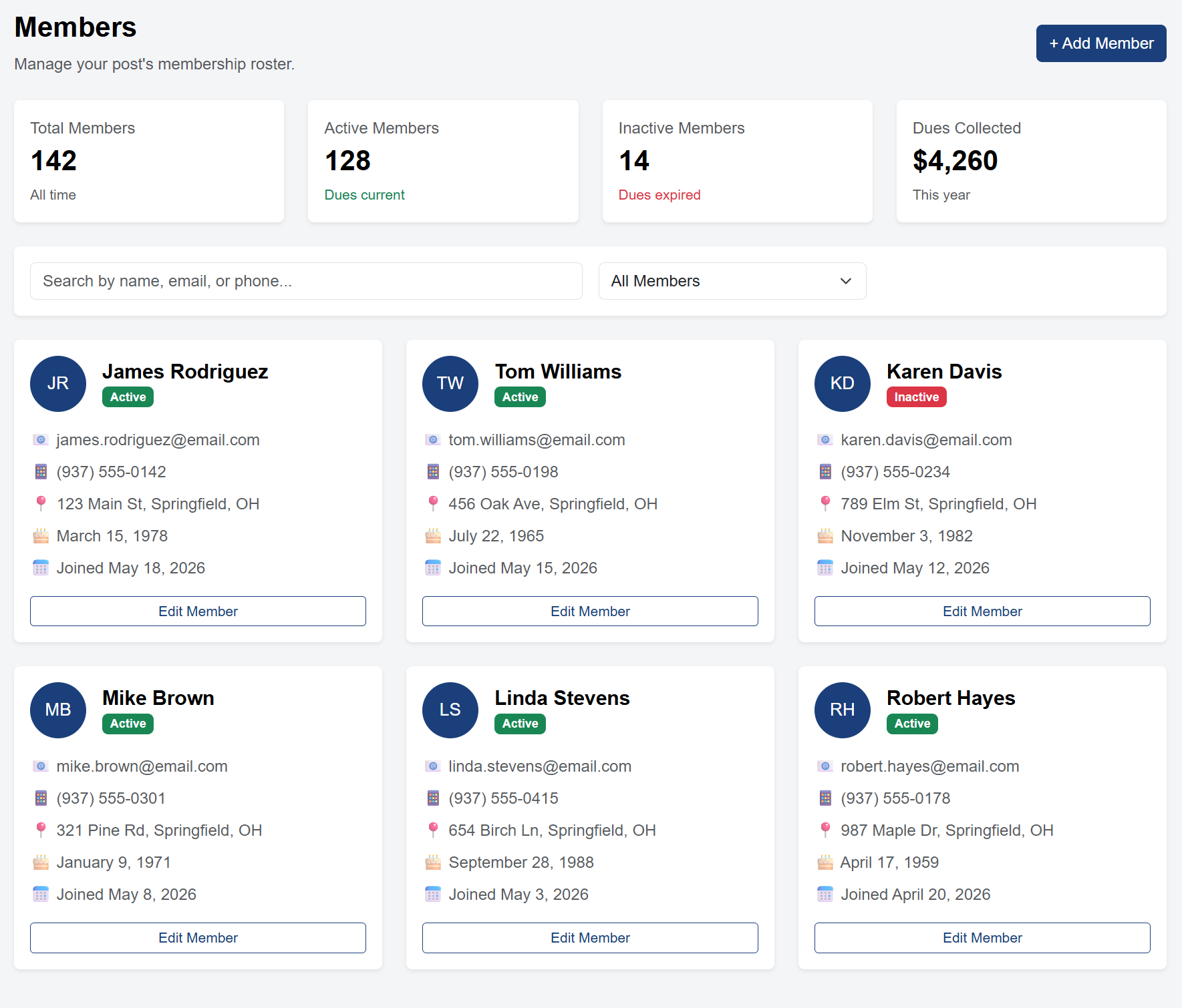 Membership dashboard showing member list and dues tracking